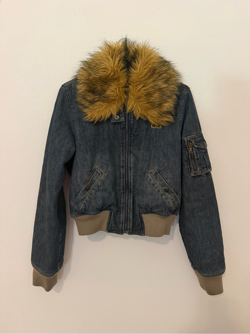 Vtg 1990’s Guess Jeans Women’s Denim Bomber Jacket Size S Faux Fur Y2K Mobwife